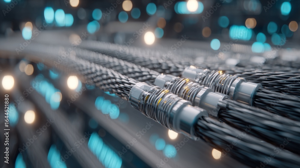 Poster blue ethernet cables connected to a server rack are shown in a close-up view, illustrating data cent