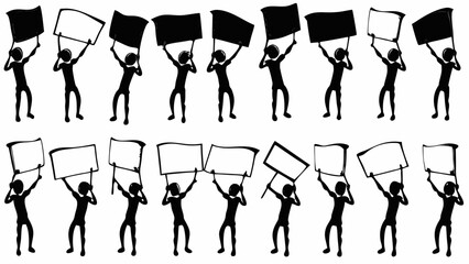 Illustration of multiple stick figures holding signs and flags in a protest demonstration march