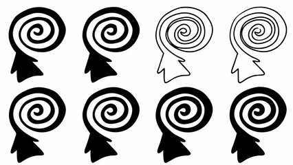 Eight spiral arrow icons in black and white arranged in a grid pattern on a white background design