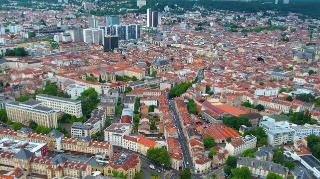 Panorama aerial view of the old town of the city Nancy in France on a sunny noon in summer