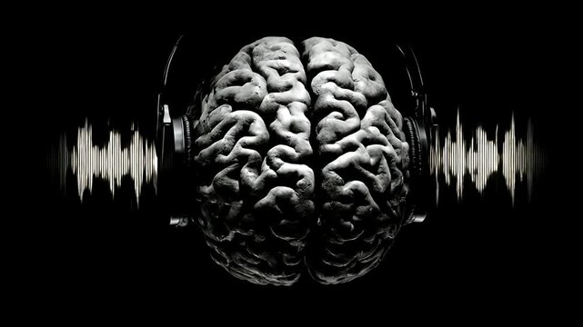 Human brain centered, with headphones, and sound wave visualizer