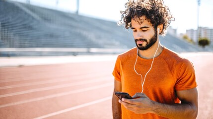 Young runner using phone and headphones at stadium. Curly sportsman listening to music during workout, morning run outdoors, sports and healthy lifestyle concept
