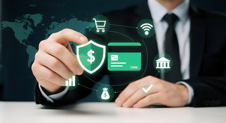 Professional Man Interacting with Online Finance and Security Icons on Global Background