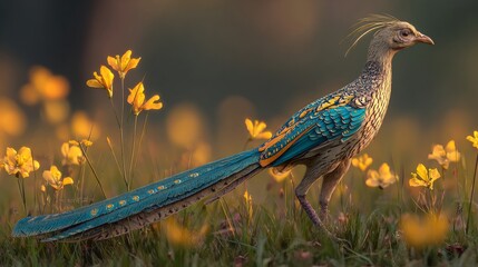 Yellow flowers in a natural setting serve as the backdrop for a standing bird