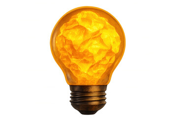 Light bulb filament filled with crumpled paper, glowing on transparent background, symbolizing creativity and innovative ideas