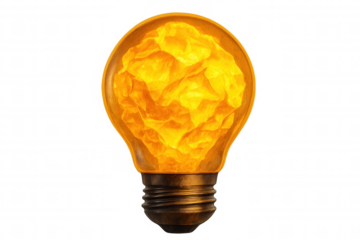 Light bulb filament filled with crumpled paper, glowing on transparent background, symbolizing creativity and innovative ideas