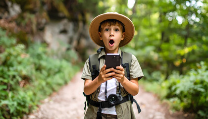 Excited boy holding smartphone outdoors
