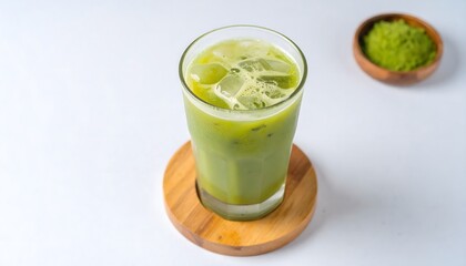 Fototapeta premium Iced matcha latte in a tall glass on a wooden coaster, with a small bowl of matcha powder in the background, against a white surface.