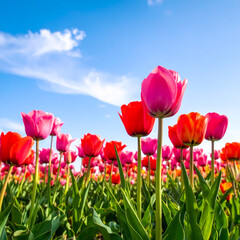 Colorful tulips in field
