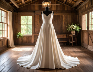 Firefly_A blank mock up of a floor-length bridesmaid gown on a mannequin with ambient light