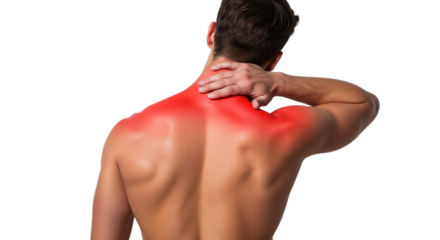 Man with neck and shoulder pain, hand on neck, red area indicating pain, seen from the back, shirtless