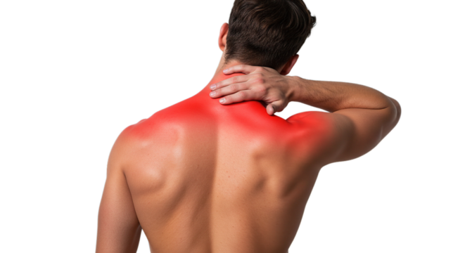 Man with neck and shoulder pain, hand on neck, red area indicating pain, seen from the back, shirtless