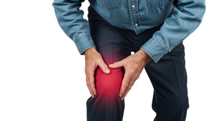 Man holding his knee with a visible red area indicating pain and discomfort on a plain setting space