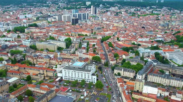 Panorama aerial view of the old town of the city Nancy in France on a sunny noon in summer