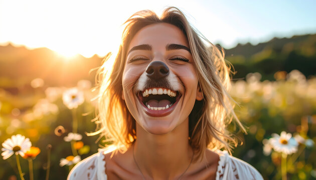 Woman smiling with dog nose
