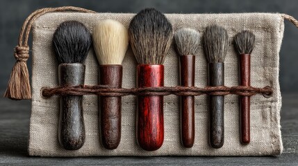 Six artisanal makeup brushes in a linen case