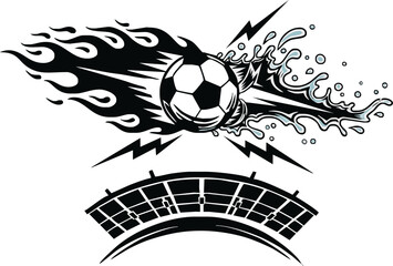 A dynamic black and white graphic of a soccer ball with flames, a water splash, and lightning over a stadium.