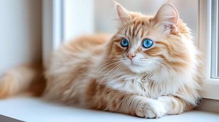 Fluffy Orange-and-White Cat: Striking Blue Eyes, with Orange Stripes and White Patches (Prominent on Chest and Paws), Long Whiskers, Elegantly Sitting on Light Surface, Indoor Background