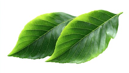 Obraz premium Two green leaves isolated on white background, nature, botany, design element