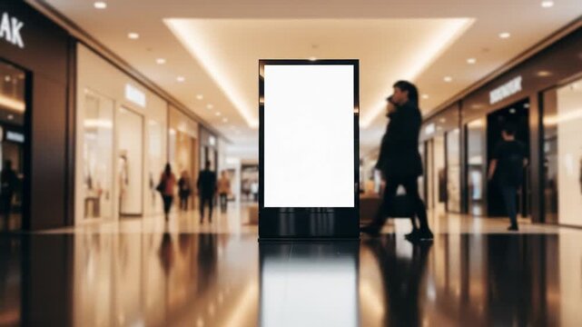 Blank Vertical Digital Billboard Mockup in a Busy, Modern Shopping Mall Hallway