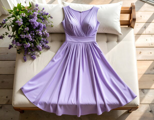 Obraz premium A serene and elegant lavender V-neck dress, gracefully arranged with flowing fabric on a pristine white cushioned bench, evoking notions of gentle summer fashion or a sophisticated special occasion.