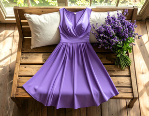 Obraz premium Elegant lavender dress gracefully arranged on a rustic wooden bench with plush cushions and a fresh bouquet of flowers, perfect for spring fashion.