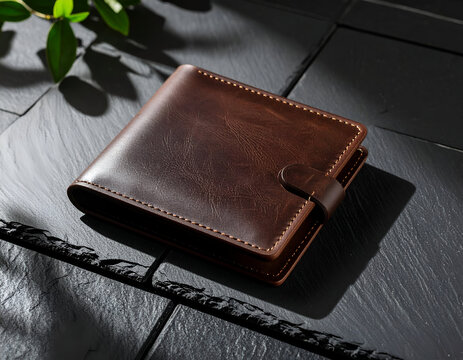 Elegant Brown Leather Wallet with Snap Closure, Detailed Texture, and Natural Light Shadows