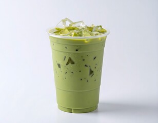 A large plastic cup filled with vibrant green iced tea, topped with ice cubes.