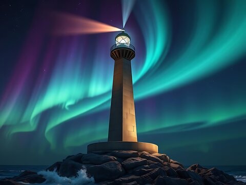 A tall lighthouse stands illuminated against a backdrop of swirling aurora borealis over a rocky shoreline at night.