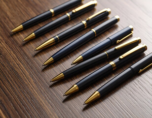 A Luxurious Pen Set Displayed Diagonally on a Dark Wood Table Perfect for Branding & Design