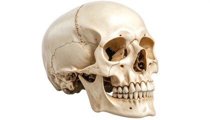 Obraz premium Detailed human skull anatomical structure on a plain white background