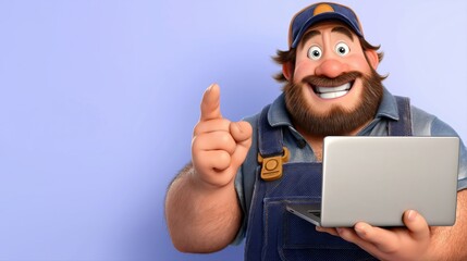 cute funny cartoon character happy smiling man repairman with a laptop on an isolated background with a copy space. Banner for advertising service center and an electronics store