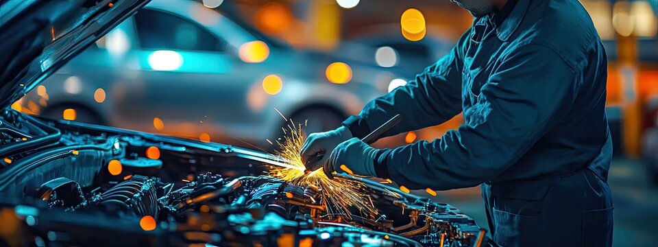 Auto mechanic working on a car engine at night (2)