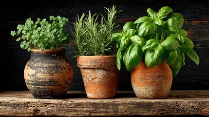 Three potted herbs on rustic wooden shelf