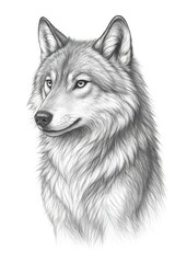 Naklejka premium Realistic Black and White Pencil Drawing of a Gray Wolf Head on White Background