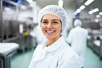 Smiling female worker in a lab coat emphasizes safety in production.