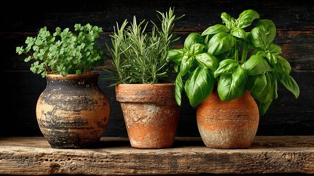 Three potted herbs on rustic wooden shelf - Powered by Adobe