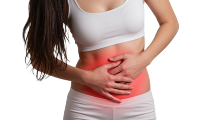 Woman in white sportswear holding her stomach with a red glow indicating pain or discomfort on a dark area