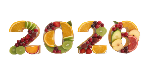 Fresh Fruity 2020: A vibrant and appetizing 2020 is crafted from colorful fruits, representing a fresh and flavorful beginning of the year