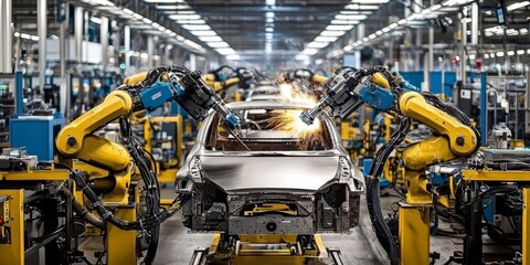 Fototapeta premium Advanced automotive factory utilizes cutting-edge technology for enhanced efficiency.