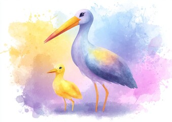 Fototapeta premium Beautiful stock clip art illustration set with a hand drawn cute stork bird that carries a baby girl for birthday
