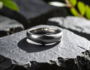 Elegant men's silver signet ring displayed on textured slate stone with dramatic lighting
