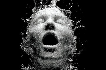 Dramatic black and white image of a human face emerging through splashing water, mouth open in an expressive moment, creating a powerful and surreal visual effect