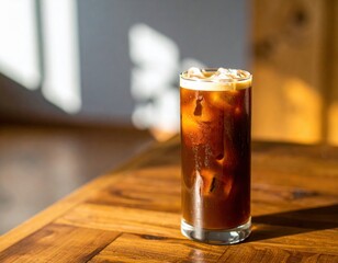 Iced Coffee in a glass, on a wooden table, with soft light from the sun.