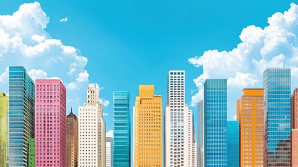 Fototapeta premium Colorful modern cityscape illustration with skyline. Urban buildings and skyscrapers form a vibrant downtown architecture. Contemporary skyline, creative graphic, vibrant metropolis, commercial