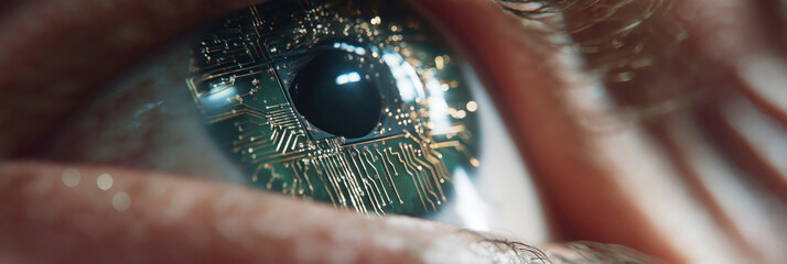 electronic digital eye of a cyborg robot with microchip implants. Futuristic cybernetic biometrics recognition and scanning technologies. Artificial intelligence and augmented reality