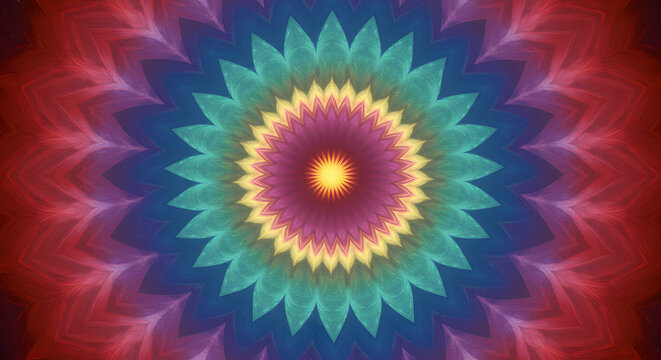 Vibrant fractal mandala bursting with kaleidoscopic colors and intricate geometric patterns radiating from a central fiery core