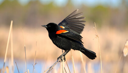 Redwinged blackbird perched on reed