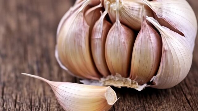 Close-up of a garlic bulb on a wooden surface