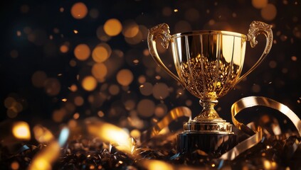 Golden trophy amidst celebratory confetti